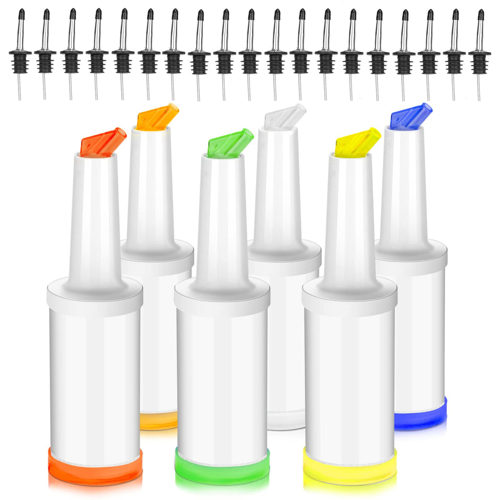 6 Pcs Juice Pour Bottles & 20 Pcs Pourers Bar Supplies Liquor and Juice Pouring Bottles and Containers Plastic Juice Pour Bottles Stainless Steel Liquor Bottles Pourers for Home Kitchen Party Bar