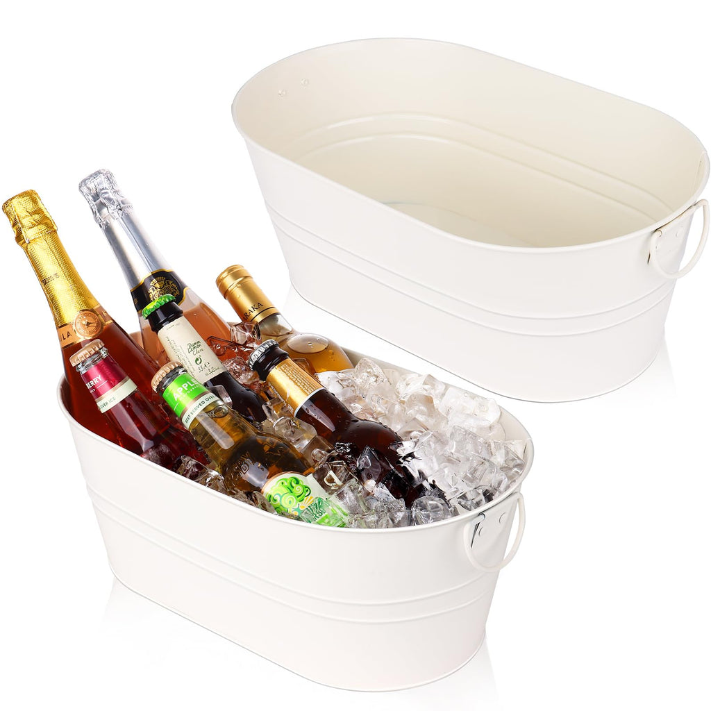 Galvanized Tub Beverage Tubs 2pcs Metal Ice Buckets for Cocktail Bar 3 Gallon Wine Beer Drink Buckets with Handles Large Tub Cooler Mimosa Bar Supplies Ice Bucket for Parties (White)
