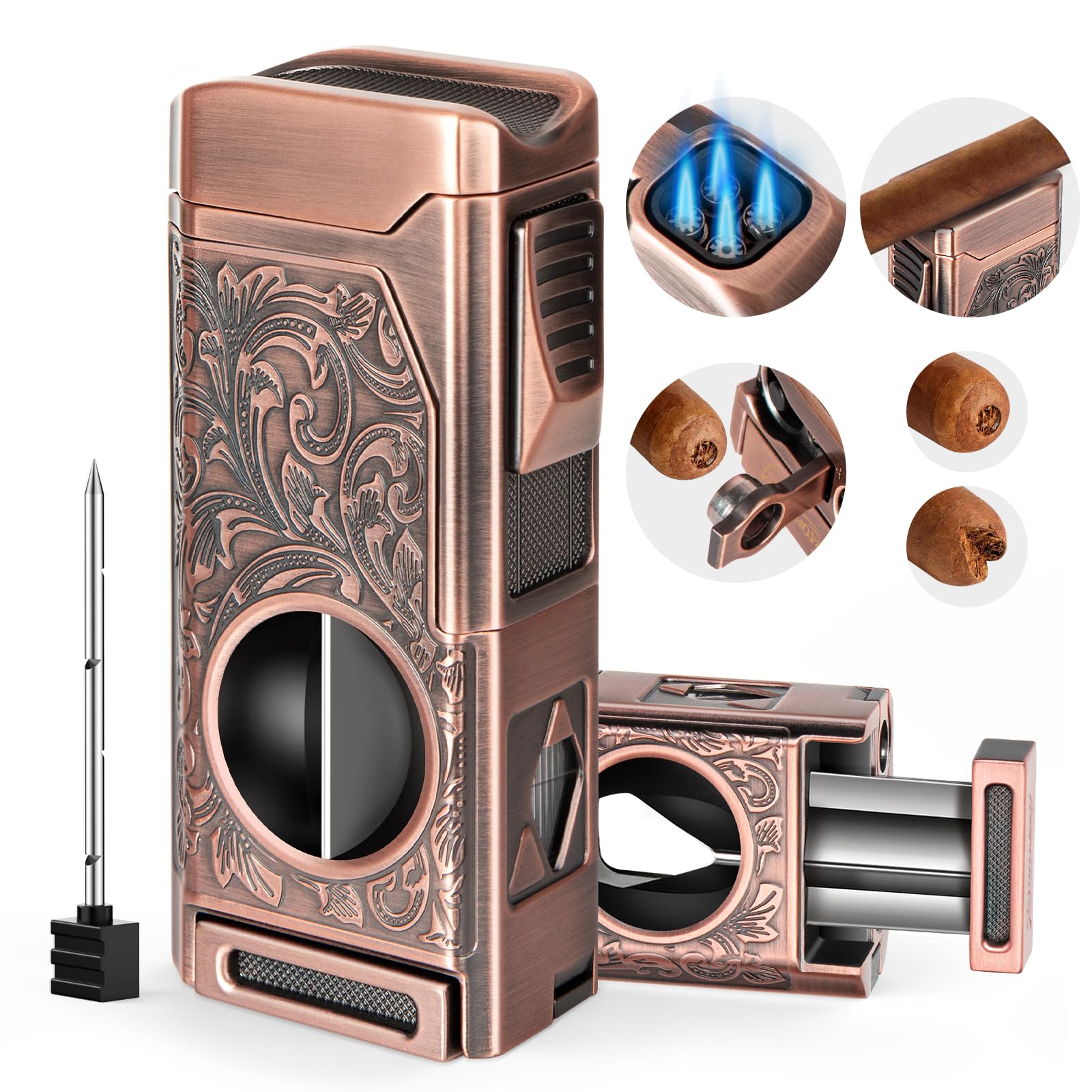 Tesonway Cigar Torch Lighter 4 Jet Flame Cigar Lighter with Cigar Cutter V Cut Cigar Accessories Cigar Holder Cigar Punch Cigar Draw Enhancer Windproof Refillable Butane Lighter Cigar Gifts for Men