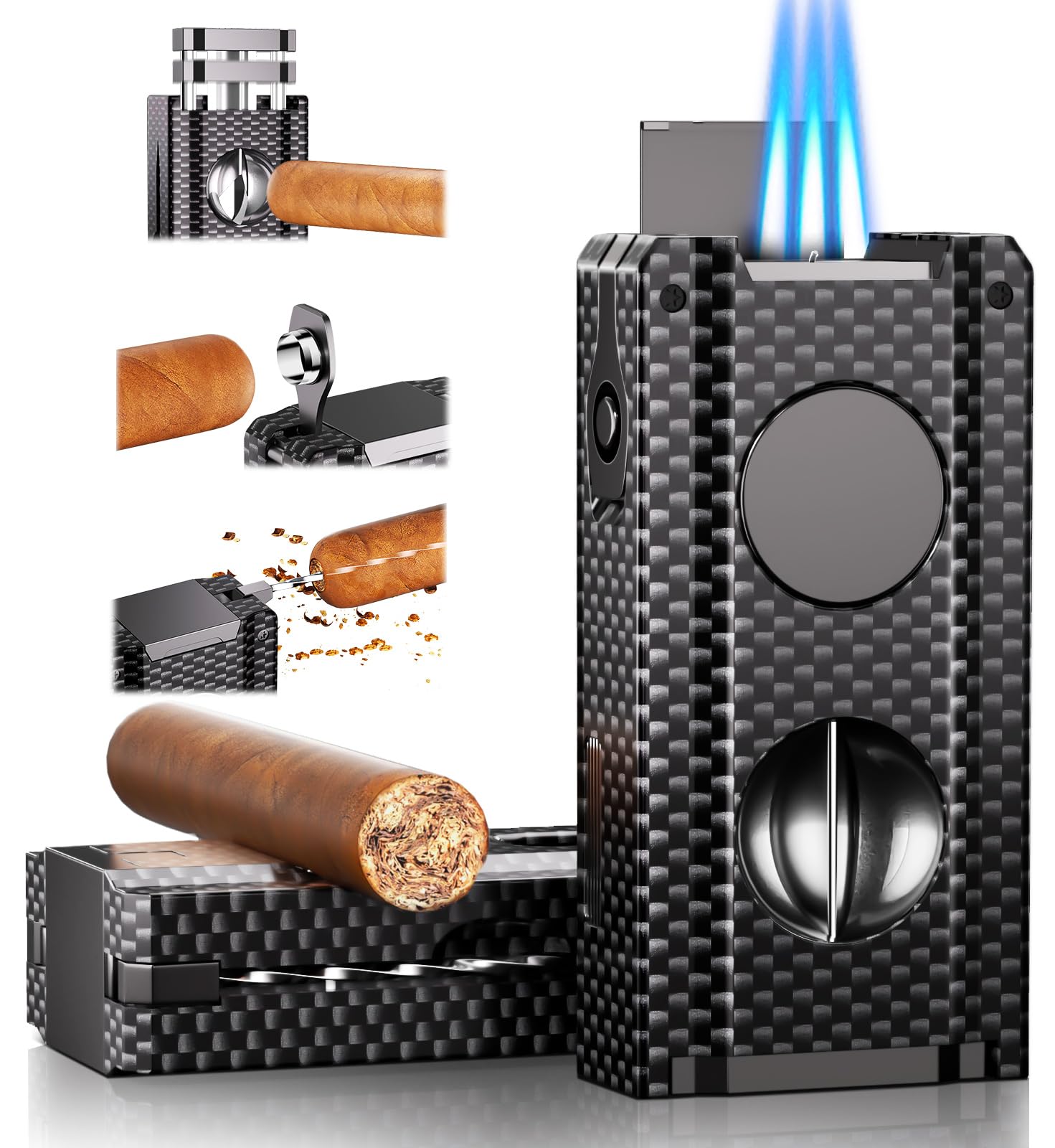 5-in-one Cigar Lighter with V-Cut Cigar Cutter Cigar Punch Cigar Draw Enhancer Cigar Holder Refillable Butane Triple Windproof Flames Torch Lighter Cigar Accessories Tool Cigar Gifts for Men