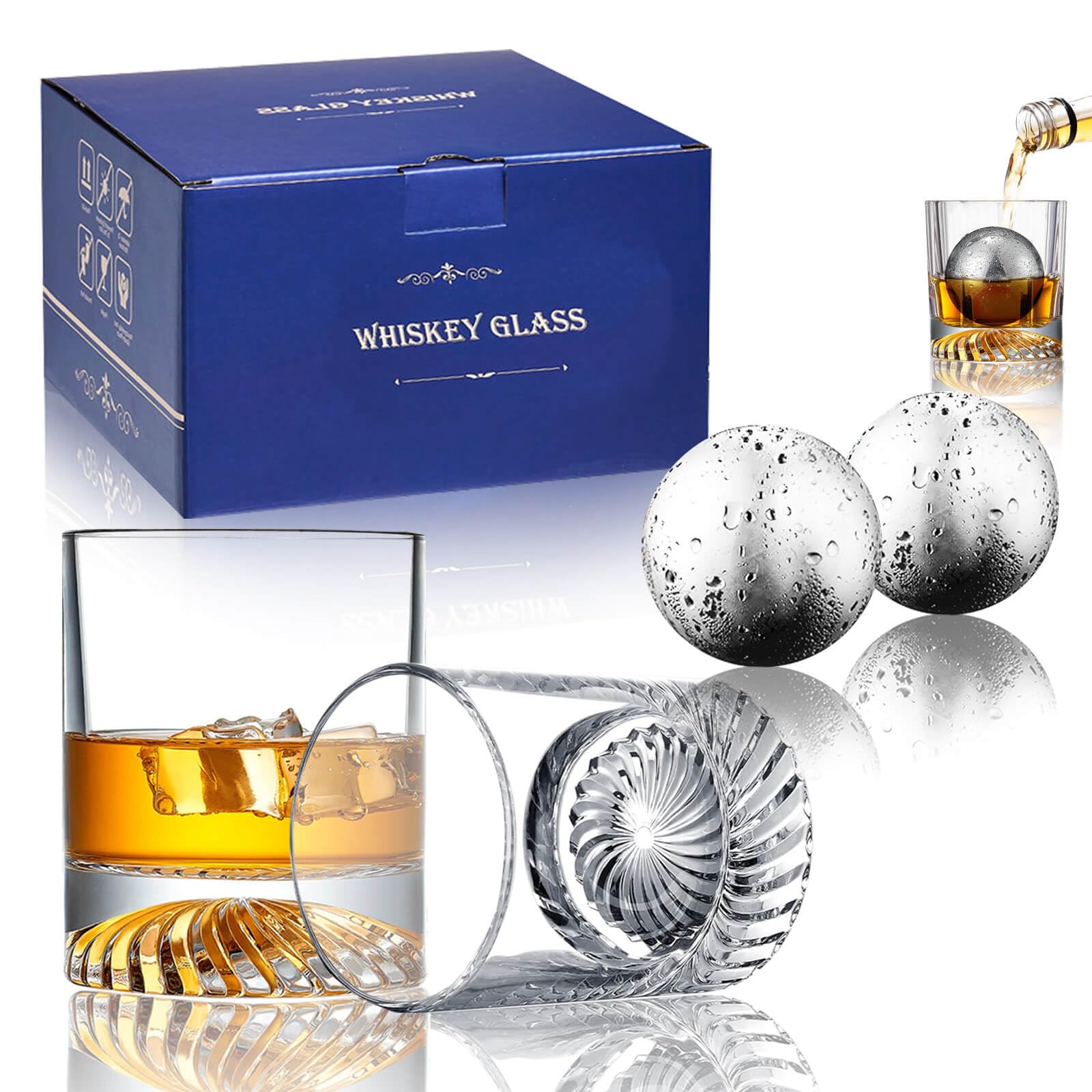 Whiskey Glasses2 Old Fashioned Glasses Set with 2 XXL Stainless Steel Ice Balls10oz Whiskey Rocks Glasses Gift for MenBourbon Tumbler for Scotch Whisky CognacRock Barware at Bar Home