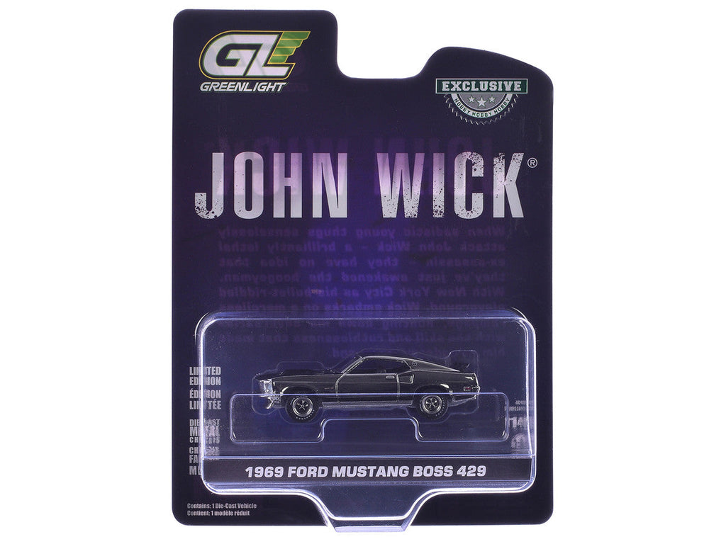 1969 Ford Mustang Boss 429 Silver Chrome Edition with Black Stripes "John Wick" (2014) Movie "Hobby Exclusive" Series 1/64 Diecast Model Car by Greenlight