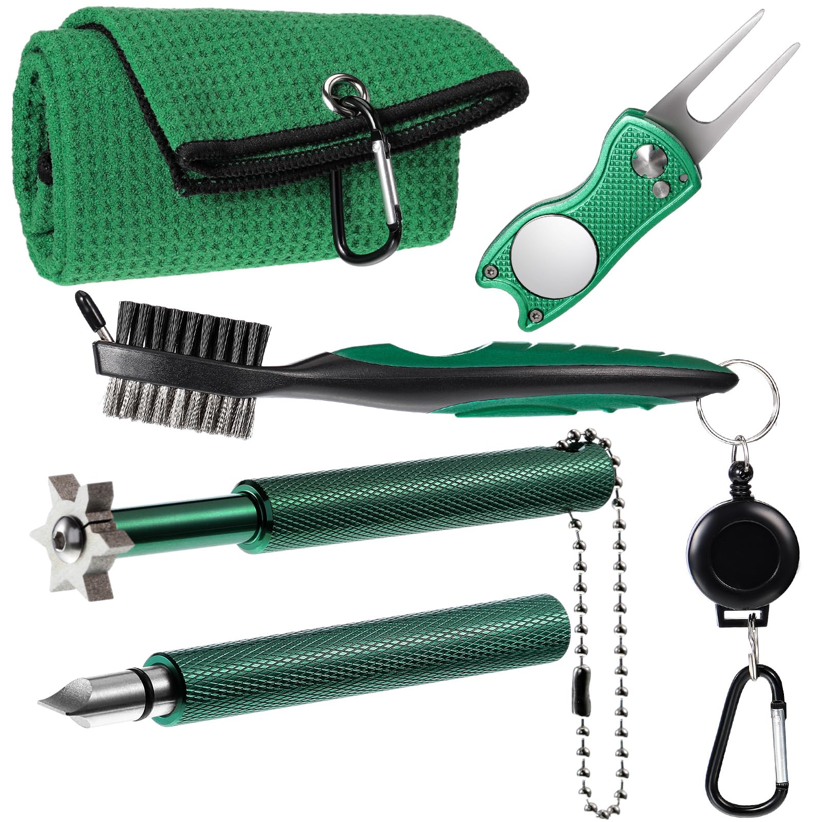 5 Pcs Golf Cleaning Kit Golf Towel Retractable Golf Club Brush Golf Club Groove Sharpener for U and V Grooves Divot Repair Tool Golf Accessories for Golf Ball Lover Gifts (Green)