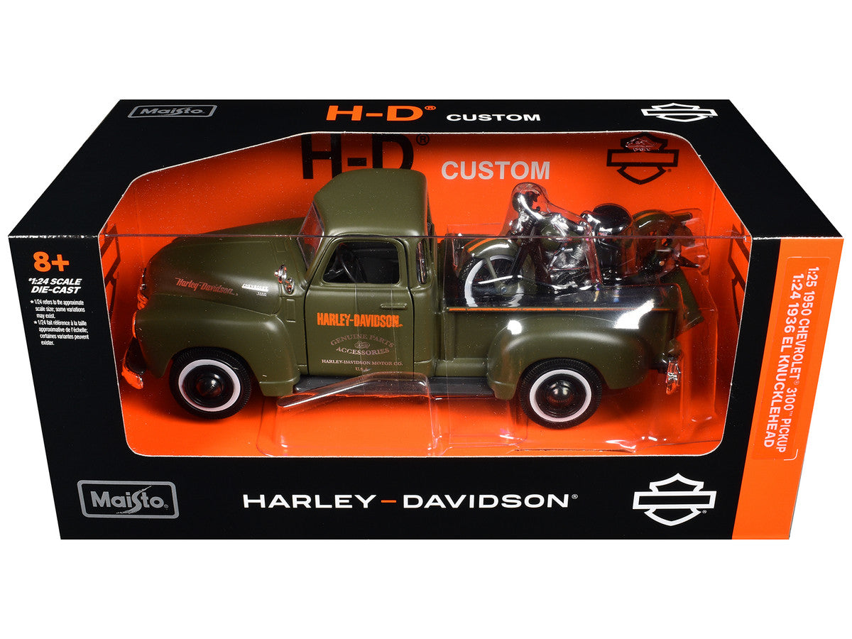 1950 Chevrolet 3100 Pickup Truck "Harley Davidson" Matt Green with 1936 Harley Davidson El Knucklehead Motorcycle Matt Green "HD Custom" Series 1/24 Diecast Model Car by Maisto