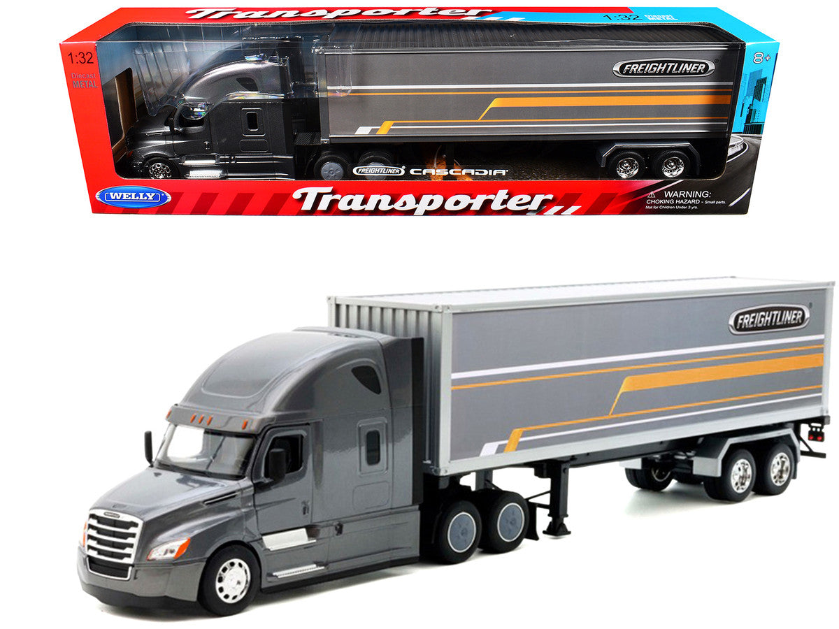 Freightliner Cascadia Truck Gray Metallic with Gray Container with Graphics "Transporter" Series 1/32 Diecast Model by Welly