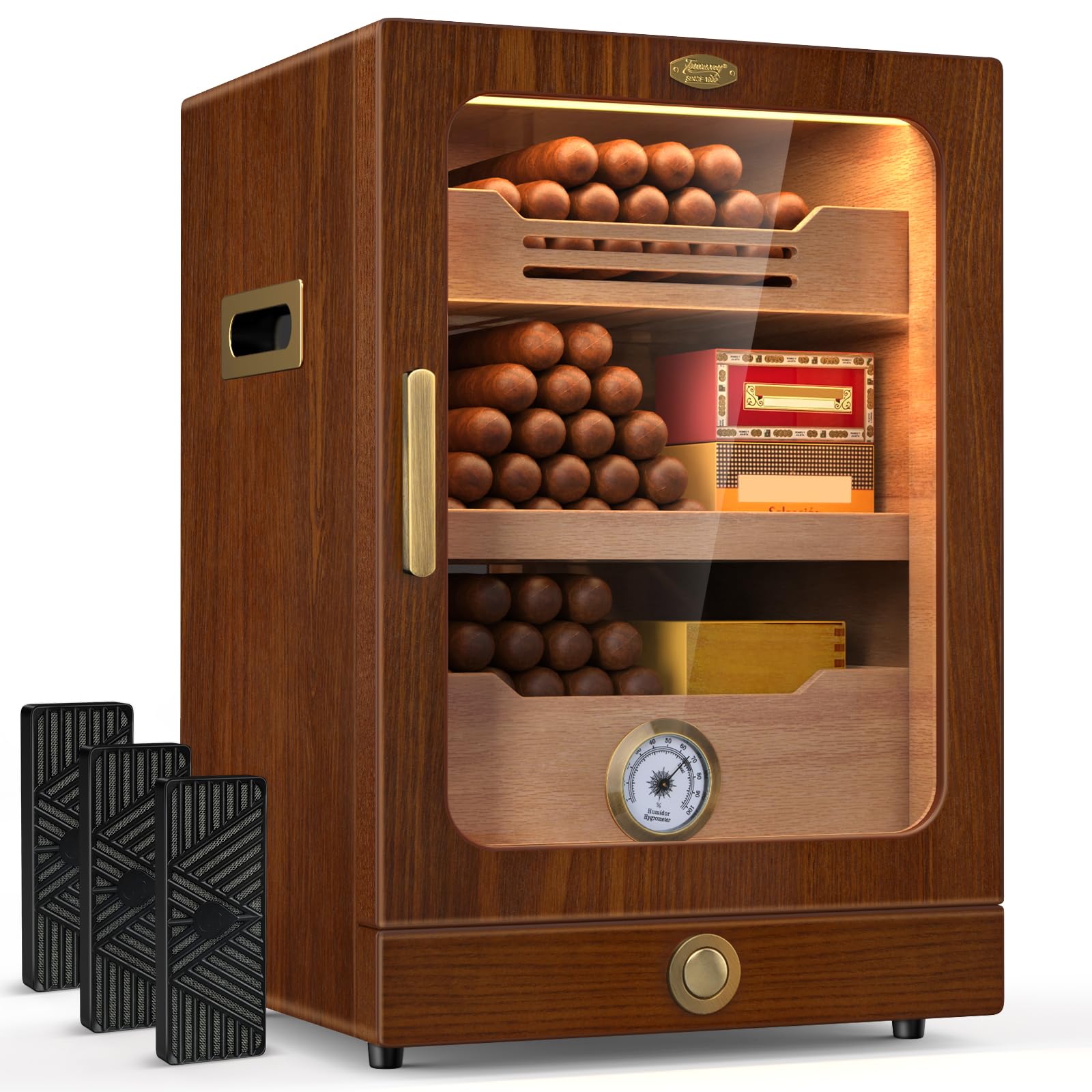 Tesonway Cigar Humidor Desktop Cigar Humidor Cabinet Light Control System with Spanish Cedar Wood Shelves Hygrometer 3 Humidifiers and Cigar Accessories Drawer Fathers Day Gift for Men (Brown)
