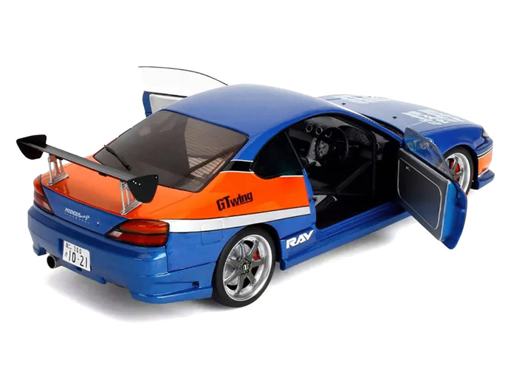2002 Nissan Silvia (S15) RHD (Right Hand Drive) Blue Metallic with Orange Graphics "The Fast and the Furious: Tokyo Drift" (2006) Movie "25 Years of Fast & Furious" Series 1/18 Diecast Model Car by Jada