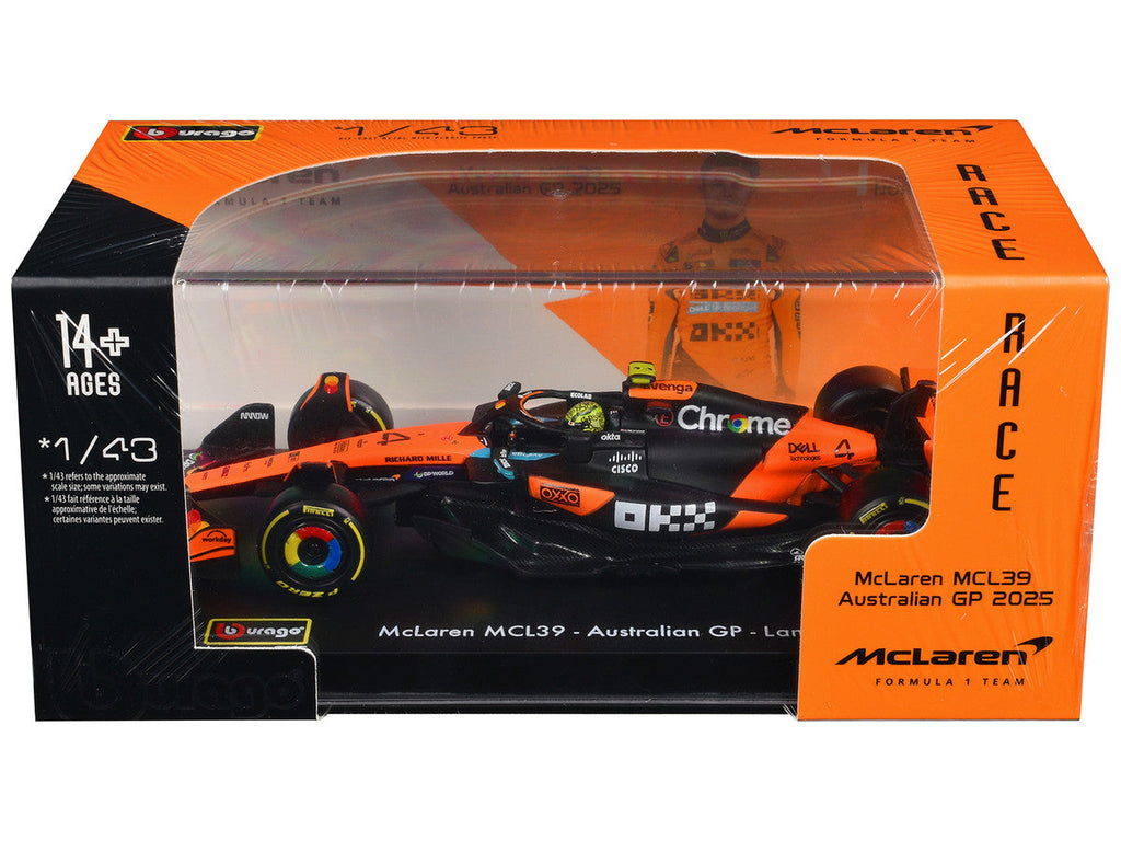 McLaren MCL39 #4 Lando Norris Winner Formula One F1 "Australian GP" (2025) with Display Case "Race" Series 1/43 Diecast Model Car by Bburago
