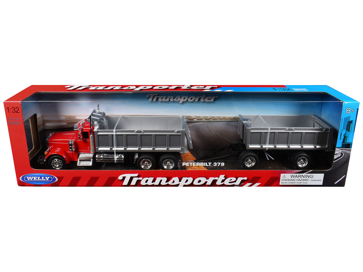 Peterbilt 379 Dump Truck Red with Gray Double Dump Trailer "Transporter" Series 1/32 Diecast Model by Welly