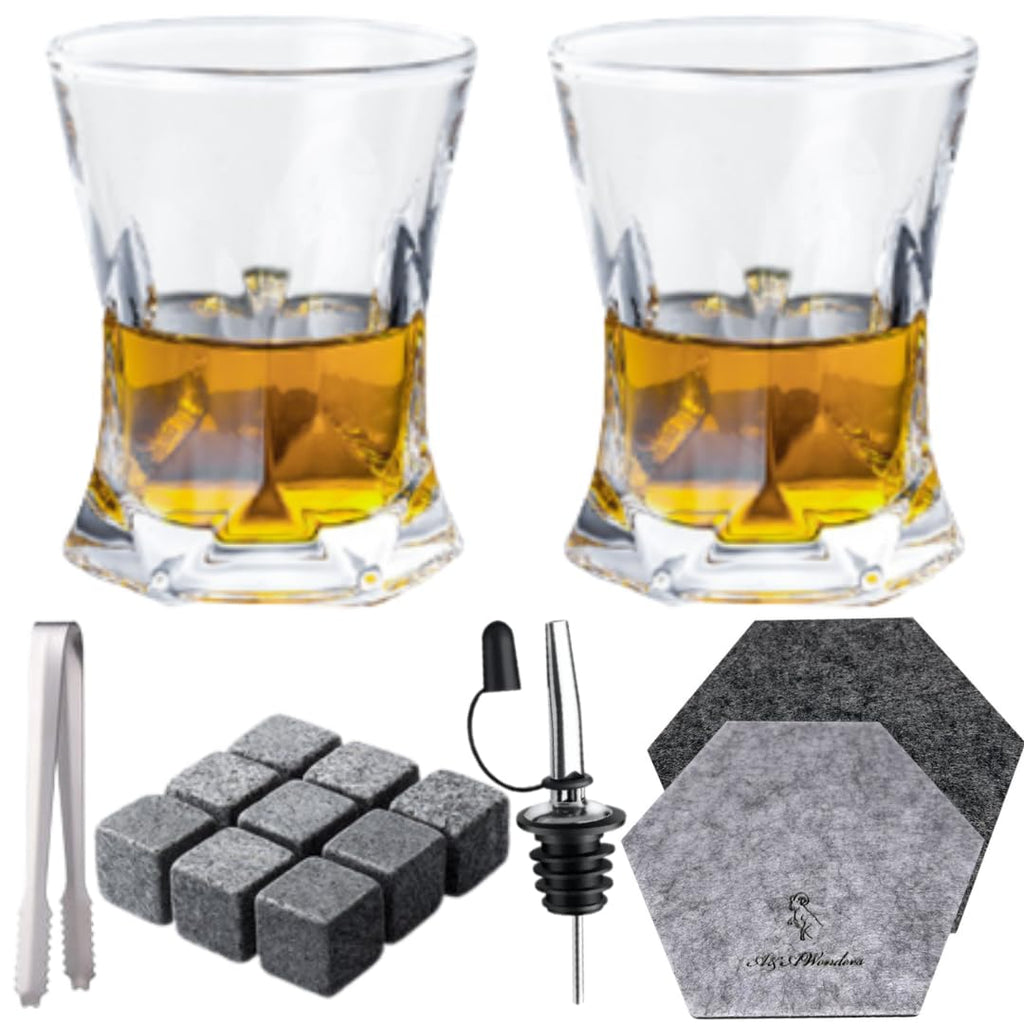 A&A Wonders Premium Whiskey Stones 100% Natural Granite Set Of 9 Chilling Rocks Stone Reusable Ice Cubes For Drinks With Velvet Carrying Pouch Gift for Whiskey Lovers (Crown)