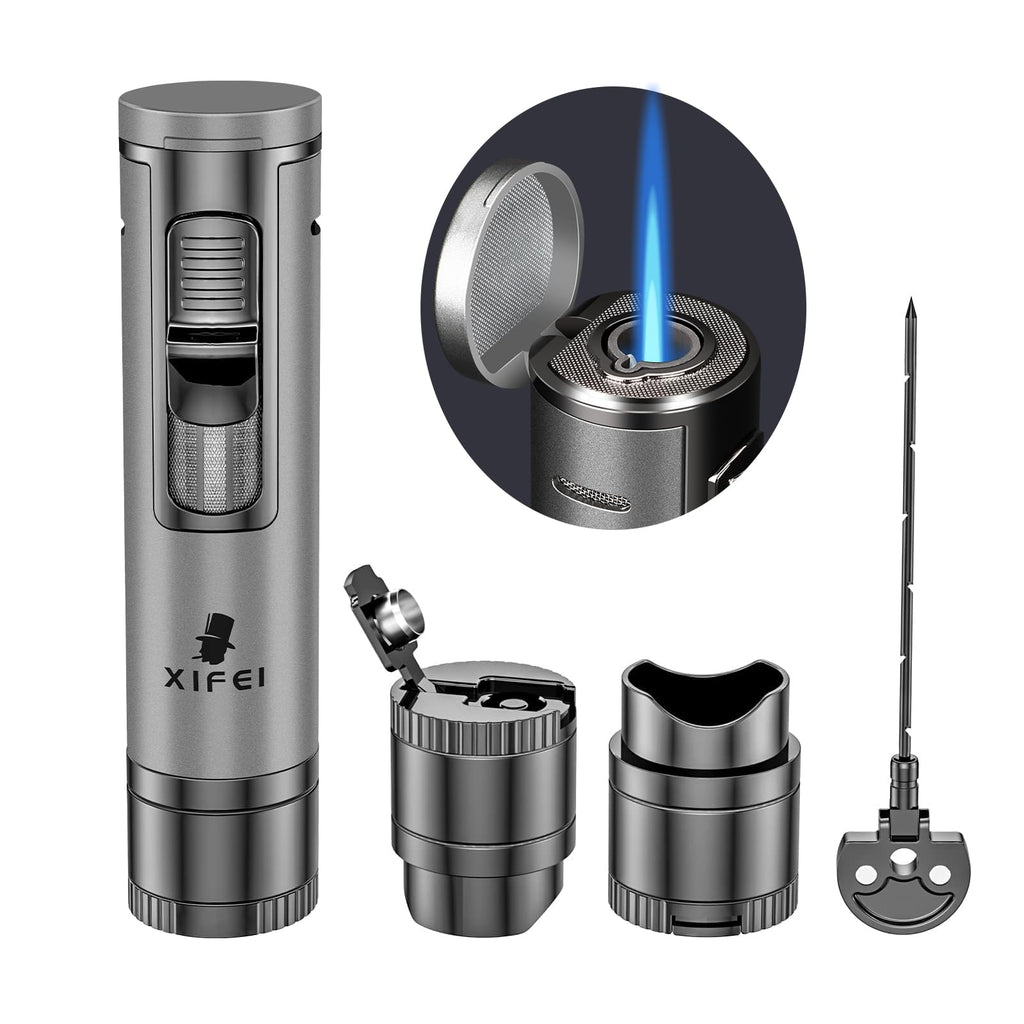 XIFEI Cigar Lighter 4-in-1 Torch Lighter with Cigar Punch Cigar Holder Cigar Draw Enhancer Multi-Functional Cigar Accessories for Men Refillable Butane Lighters (Gray)