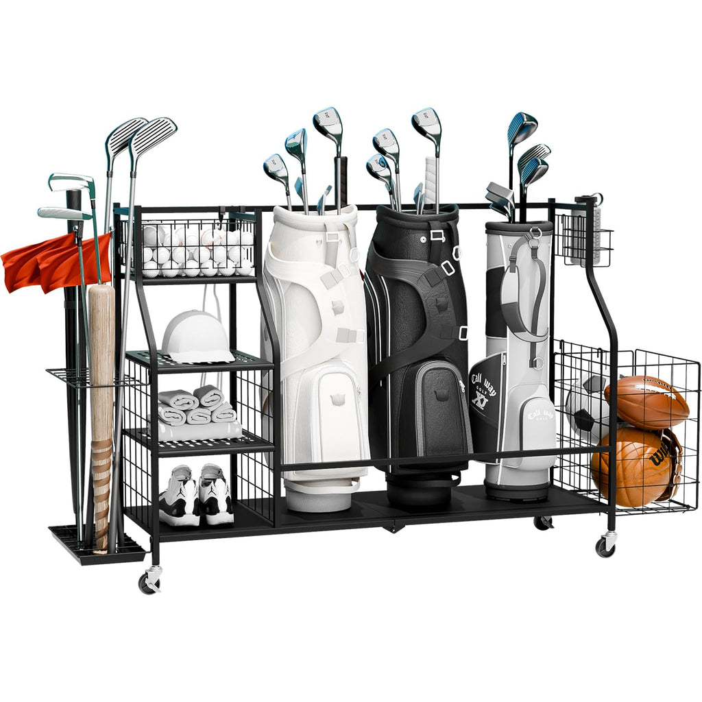 SEALAMB Golf Bag Storage Organizer 3 Golf Bag and Equipment Storage Rack with Wheels Golf Bag Organizer with Side Storage for Golf Equipment Accessories (3 Golf Bags)