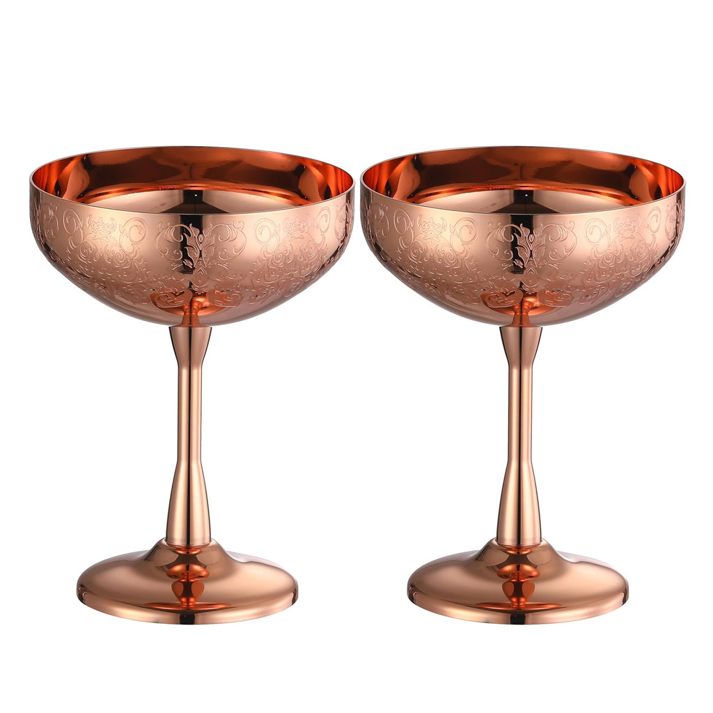 Stainless Steel Coupe Cocktail Glasses Set of 2 Unbreakable Cocktail Glasses for Margarita Manhattan Champagne Engraved Design (Copper Plated Set of 2)