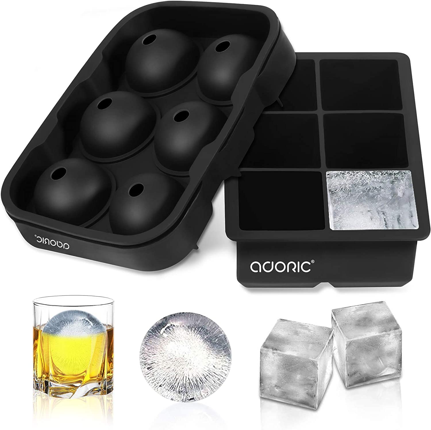 Ice Cube Tray Large Square Ice Tray and Sphere Ice Ball Maker with Lid for Whiskey and Homemade ReusableEasy Demold (Silicone Ice Cube Molds Set of 2)