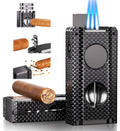 5-in-one Cigar Lighter with V-Cut Cigar Cutter Cigar Punch Cigar Draw Enhancer Cigar Holder Refillable Butane Triple Windproof Flames Torch Lighter Cigar Accessories Tool Cigar Gifts for Men