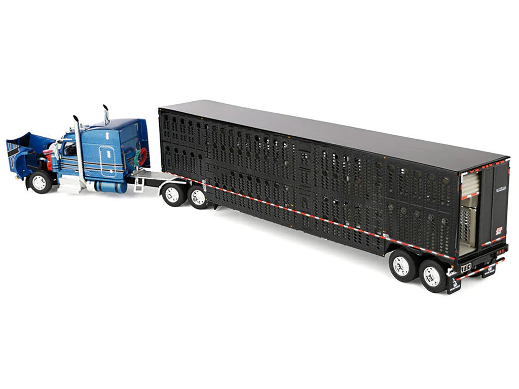 Peterbilt 589 with 72" Mid-Roof Sleeper and Wilson Silverstar Livestock Trailer Bright Blue with Black Stripes and Trailer 1/64 Diecast Model by DCP/First Gear