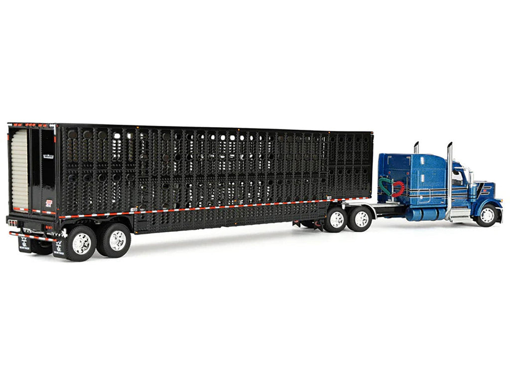 Peterbilt 589 with 72" Mid-Roof Sleeper and Wilson Silverstar Livestock Trailer Bright Blue with Black Stripes and Trailer 1/64 Diecast Model by DCP/First Gear