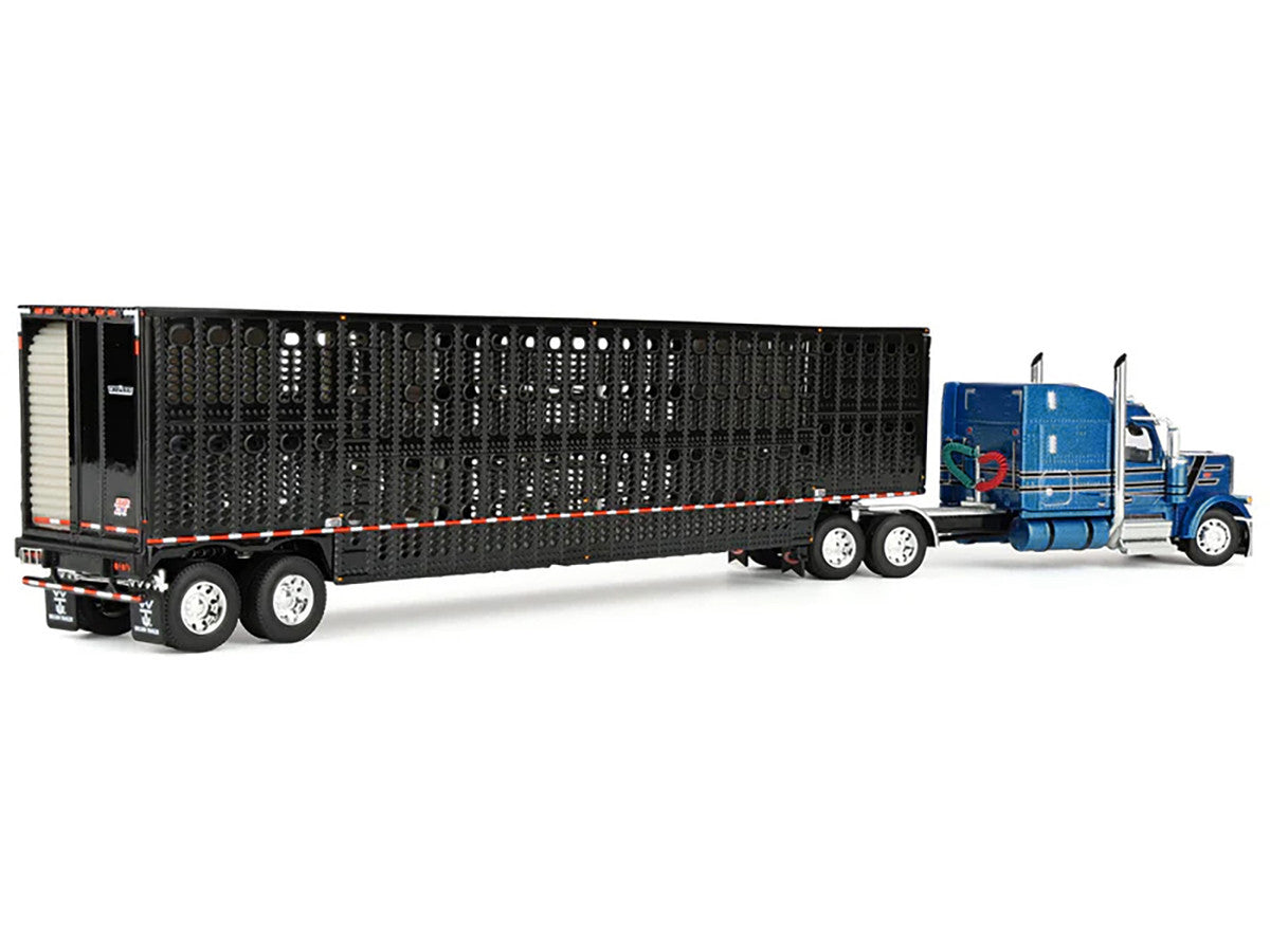 Peterbilt 589 with 72" Mid-Roof Sleeper and Wilson Silverstar Livestock Trailer Bright Blue with Black Stripes and Trailer 1/64 Diecast Model by DCP/First Gear