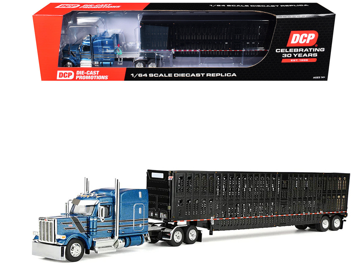 Peterbilt 589 with 72" Mid-Roof Sleeper and Wilson Silverstar Livestock Trailer Bright Blue with Black Stripes and Trailer 1/64 Diecast Model by DCP/First Gear