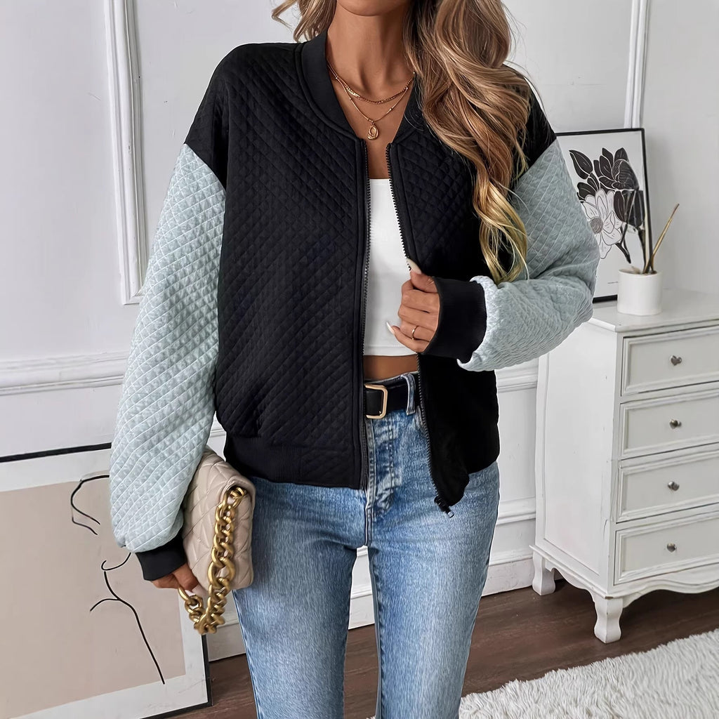 Women’s Color-Blocked Baseball Collar Casual Long-Sleeved Zipper Jacket