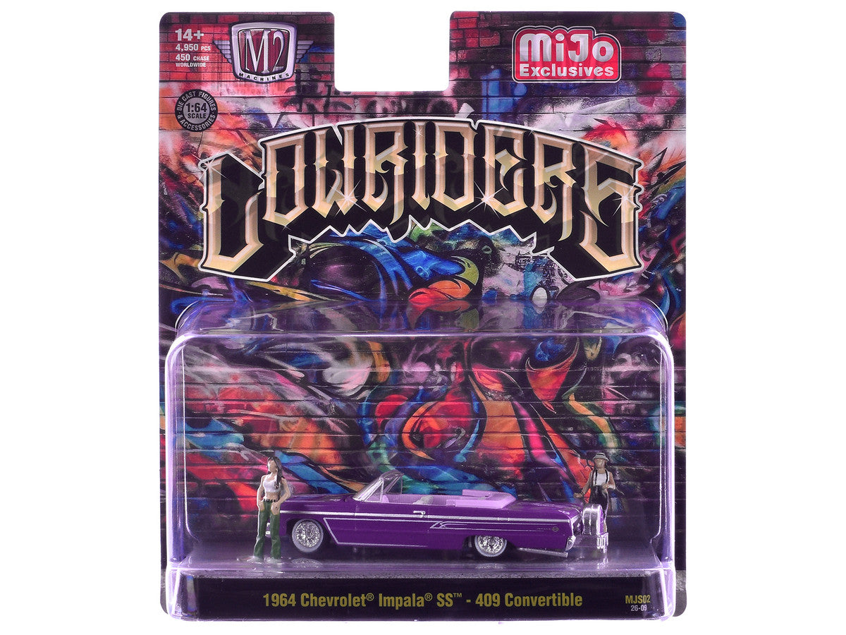1964 Chevrolet Impala SS 409 Convertible Purple Metallic with Purple and White Interior with 2 Figures Limited Edition to 4950 pieces Worldwide 1/64 Diecast Models by M2 Machines