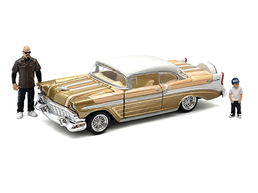 1956 Chevrolet Bel Air Lowrider Gold Metallic with Gold Interior and White Top with 2 Figures Limited Edition to 4400 pieces Worldwide 1/64 Diecast Model Car by M2 Machines