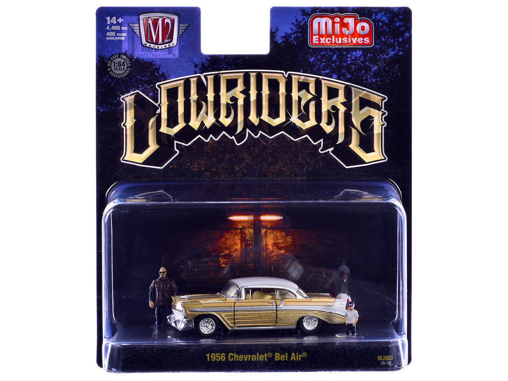 1956 Chevrolet Bel Air Lowrider Gold Metallic with Gold Interior and White Top with 2 Figures Limited Edition to 4400 pieces Worldwide 1/64 Diecast Model Car by M2 Machines