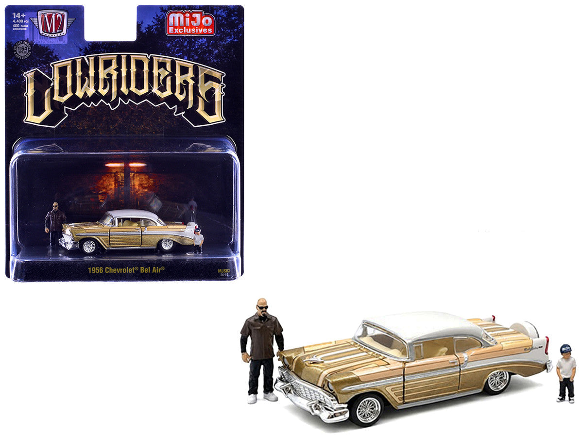 1956 Chevrolet Bel Air Lowrider Gold Metallic with Gold Interior and White Top with 2 Figures Limited Edition to 4400 pieces Worldwide 1/64 Diecast Model Car by M2 Machines