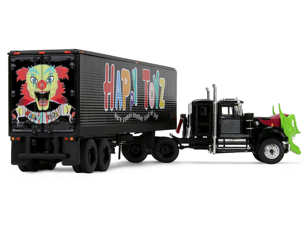 White Western Star 4800 with Green Goblin Head and 40' Vintage Trailer Black with Graphics "Maximum Overdrive" (1986) Movie 40th Anniversary 1/64 Diecast Model by DCP/First Gear