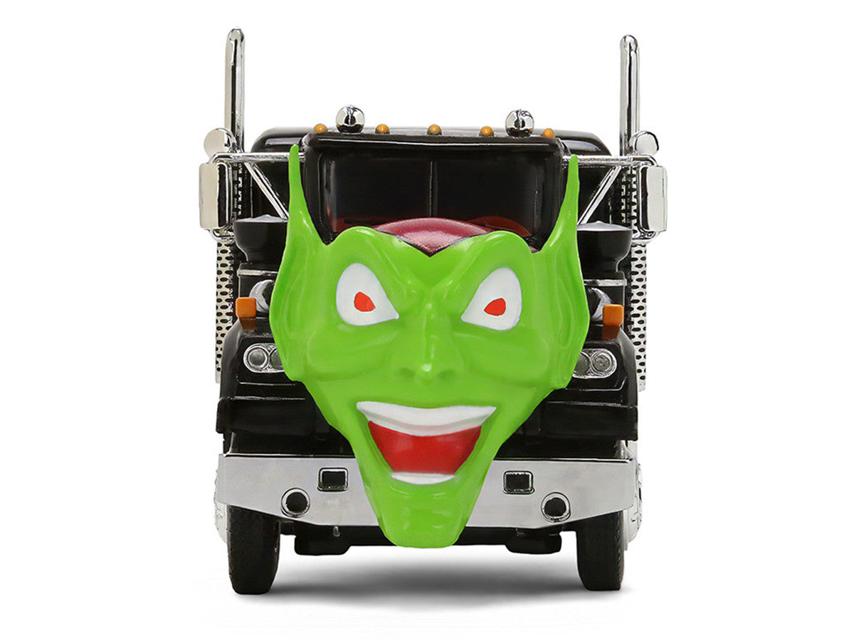 White Western Star 4800 with Green Goblin Head and 40' Vintage Trailer Black with Graphics "Maximum Overdrive" (1986) Movie 40th Anniversary 1/64 Diecast Model by DCP/First Gear