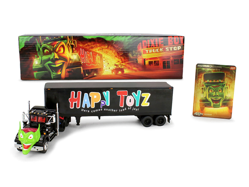 White Western Star 4800 with Green Goblin Head and 40' Vintage Trailer Black with Graphics "Maximum Overdrive" (1986) Movie 40th Anniversary 1/64 Diecast Model by DCP/First Gear