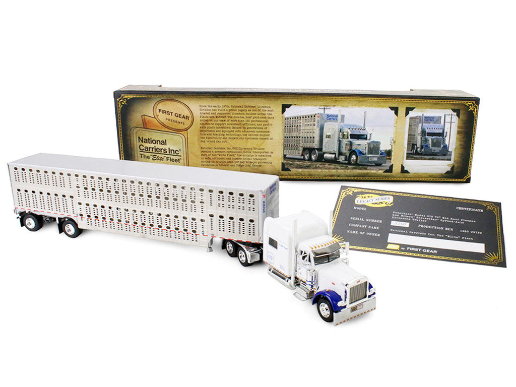 Peterbilt 379 with 70" Mid-Roof Sleeper and Wilson Silverstar Livestock Trailer "National Carriers" White "Legacy Series #5" 1/64 Diecast Model by DCP/First Gear