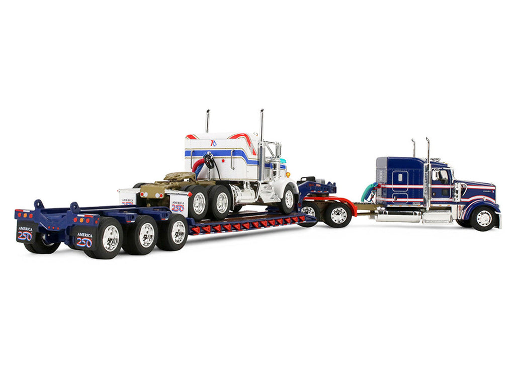 Kenworth W900L with 72" Aerocab Flat Top Sleeper Blue with White Stripes and Fontaine Magnitude Lowboy Trailer with Kenworth W900A Load White with Blue and Red Stripes "America 250" 1/64 Diecast Model by DCP/First Gear