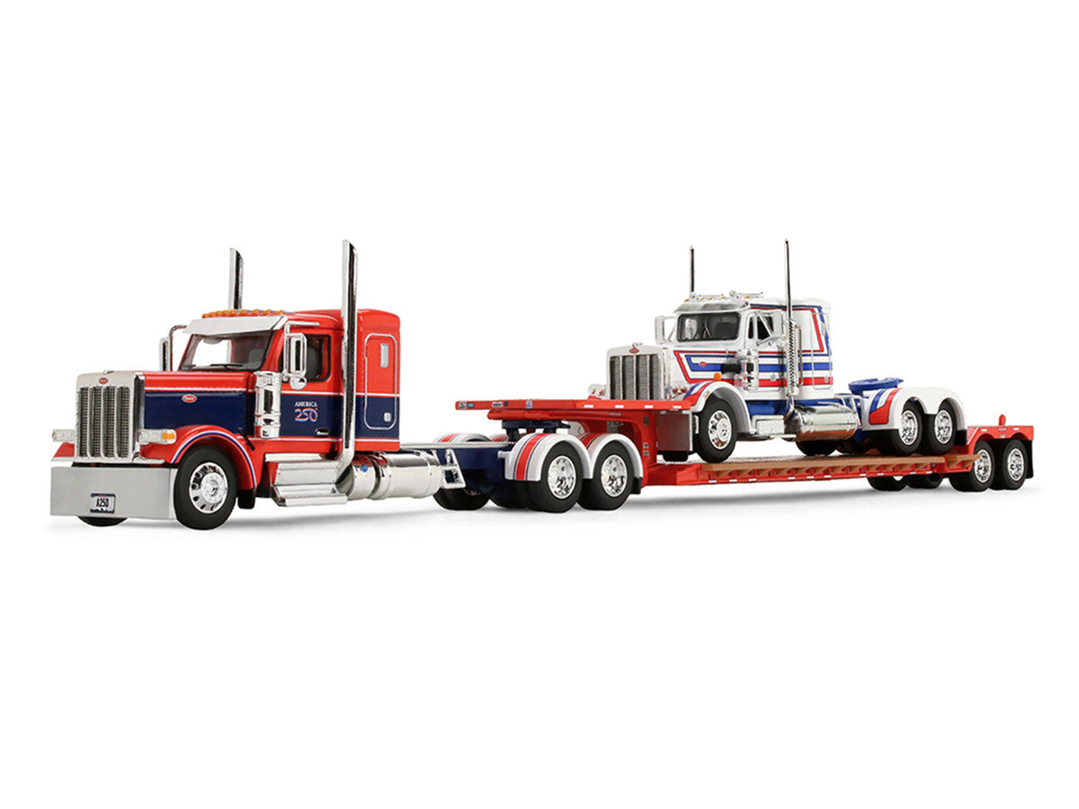 Peterbilt 589 with 44" Flat Top Sleeper Red with Blue Stripes and Fontaine Renegade LXT40 Lowboy Trailer with Peterbilt 359 Load White with Blue and Red Stripes "America 250" 1/64 Diecast Model by DCP/First Gear