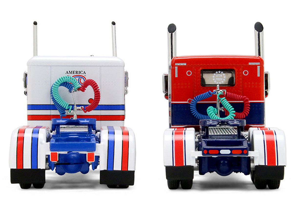 Peterbilt 589 with 44" Flat Top Sleeper Red with Blue Stripes and Fontaine Renegade LXT40 Lowboy Trailer with Peterbilt 359 Load White with Blue and Red Stripes "America 250" 1/64 Diecast Model by DCP/First Gear