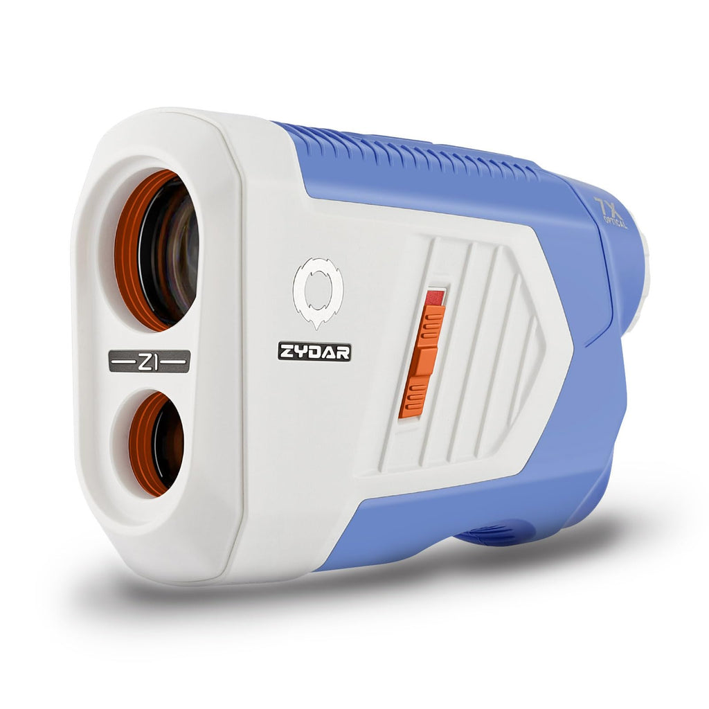 ZYDAR Z1 Golf Rangefinder with Slope Switch Laser Rangefinder 1300 Yard Range Finder Golf Cart Magnet 7X Magnification Flag Lock w Pulse Tournament Legal Weather Resistant Blue