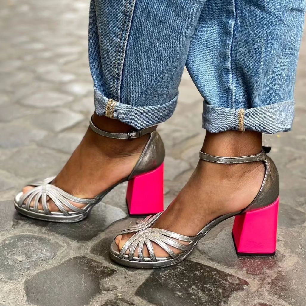 Women's Metallic Block Heel Peep Toe Buckle Sandals