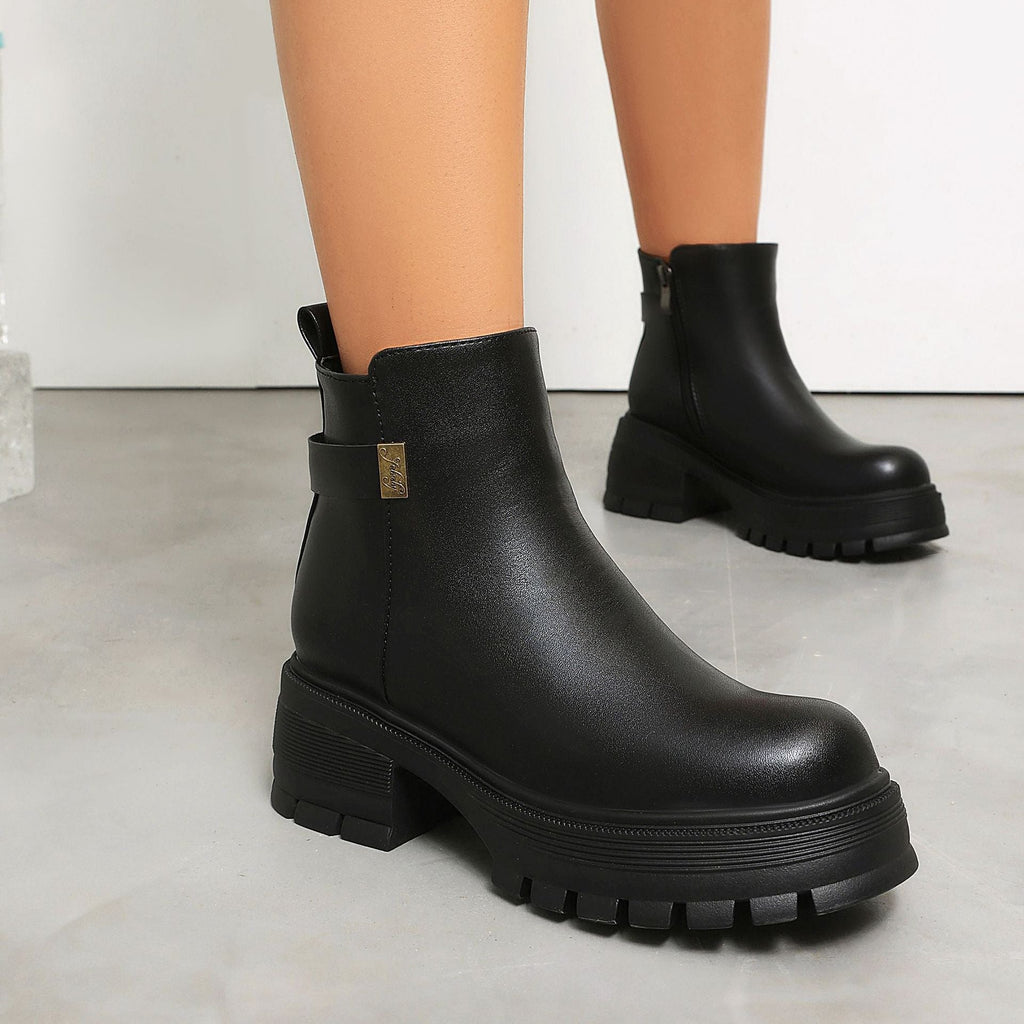 Women's Chunky Platform Ankle Boots – Block Heel Faux Suede & PU Side Zip