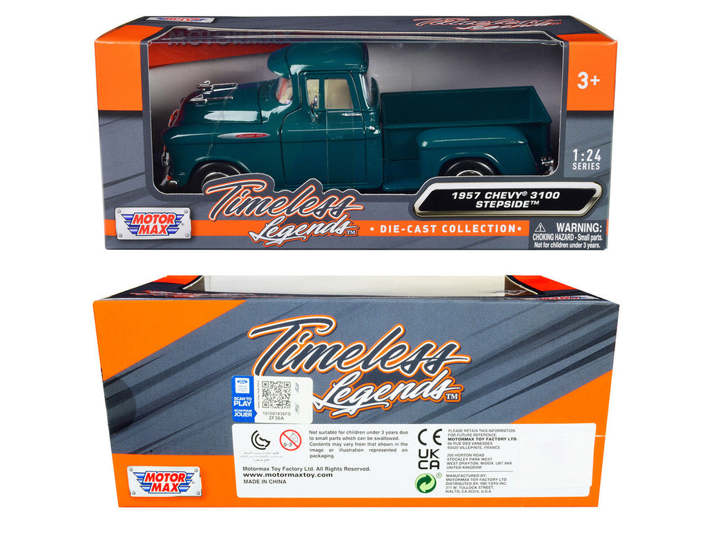 1957 Chevrolet 3100 Stepside Pickup Truck Teal Metallic "Timeless Legends" Series 1/24 Diecast Model Car by Motormax