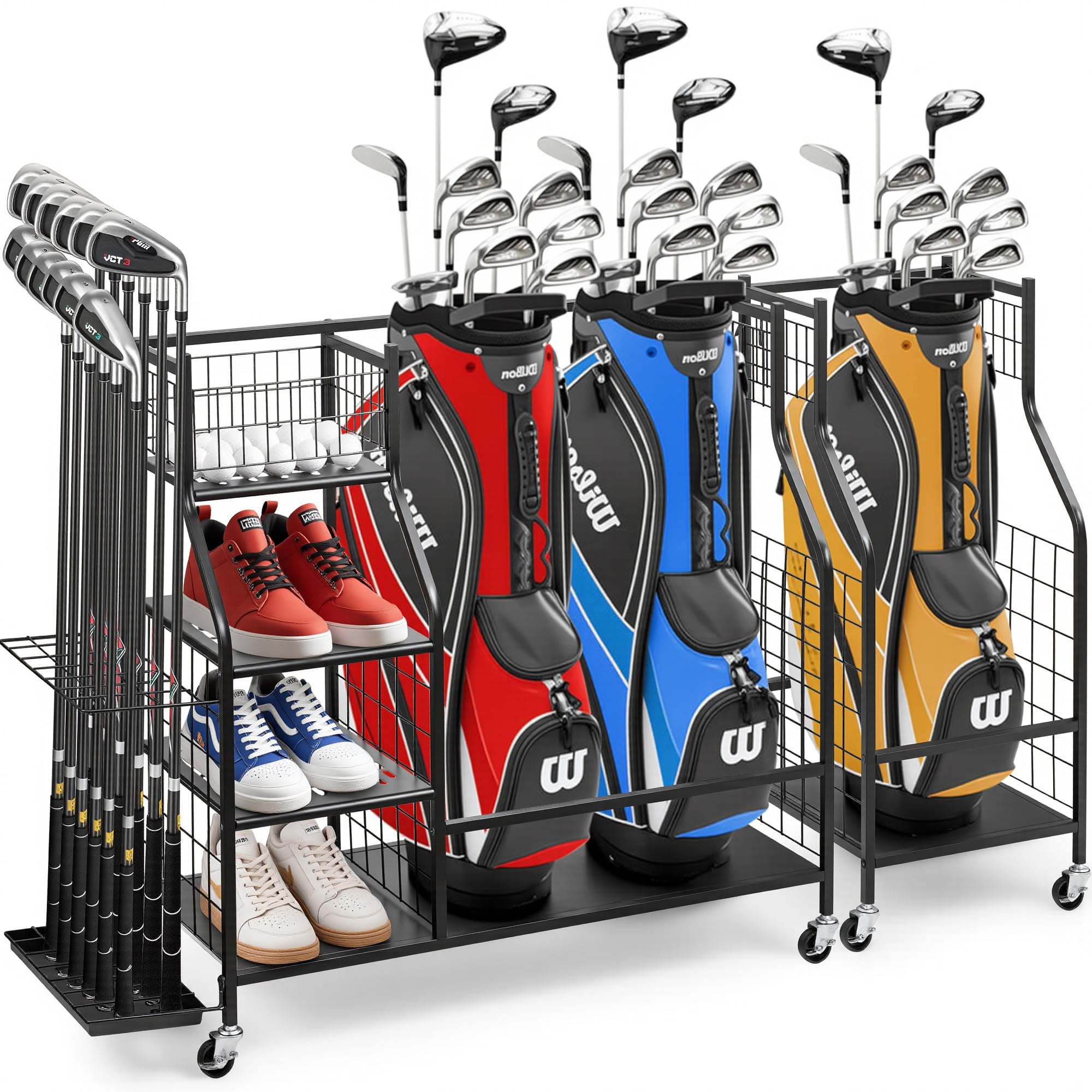 Violeza Golf Storage Garage Organizer Golf Bag Stand for Golf Clubs Golf Balls Golf Equipment Accessories Extra Storage Rack for Golf Clubs with Wheels