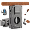 LIHTUN Cigar Torch Lighter All-in-1 Cigar Lighter Built-in Cigar Holder Cigar Punch Cigar Draw Enhancer Cigar Cutter V Cut Double Jet Flame Refillable Butane Lighters for smoking Cigar Gift for Men