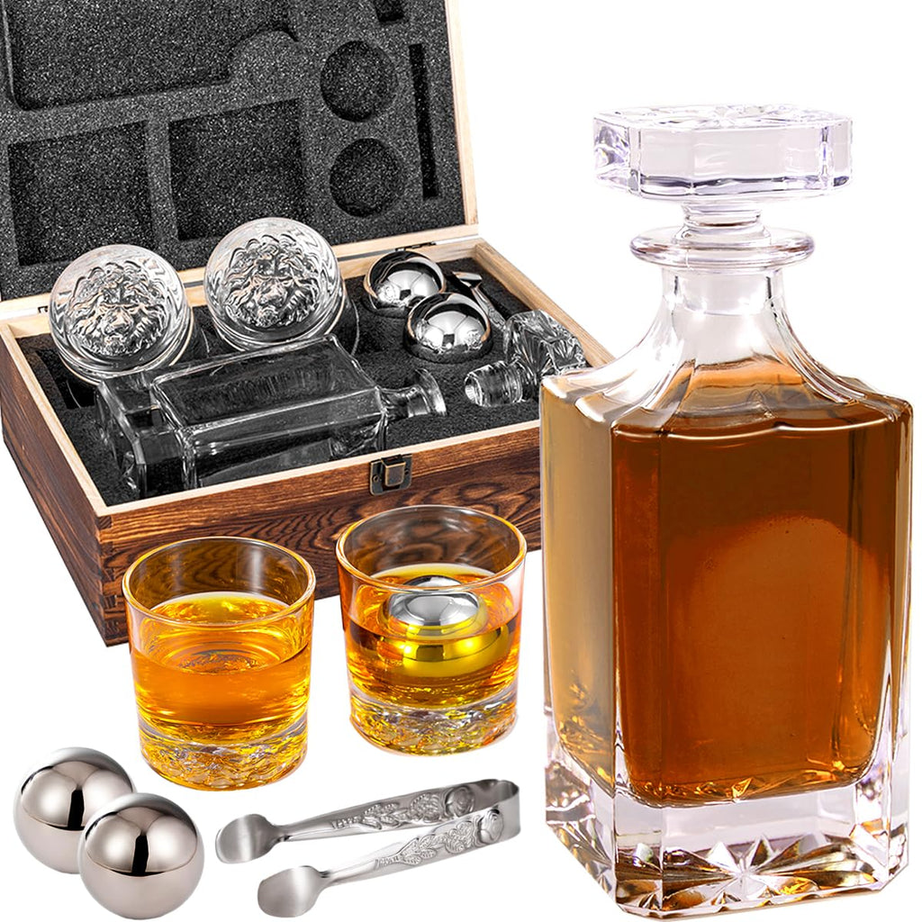 Whiskey Decanter Set with Wooden Box Lion Whiskey Glasses 10 oz and 25 oz Bourbon Decanter Set with 18/10 Stainless Steel Whiskey Stones Tongs Whiskey Gifts for Men Husband Dad Wedding