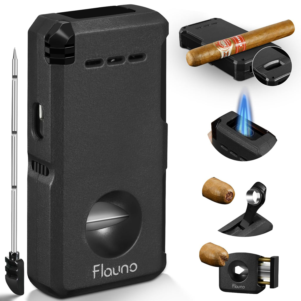 Cigar Lighter 5- in -1 Torch Lighter Built-in V-Cut Cigar Cutter Cigar Punch Cigar Draw Enhancer Cigar Holder Windproof Double Jet Flame Refillable Butane Lighter for Smoking Gift for Men