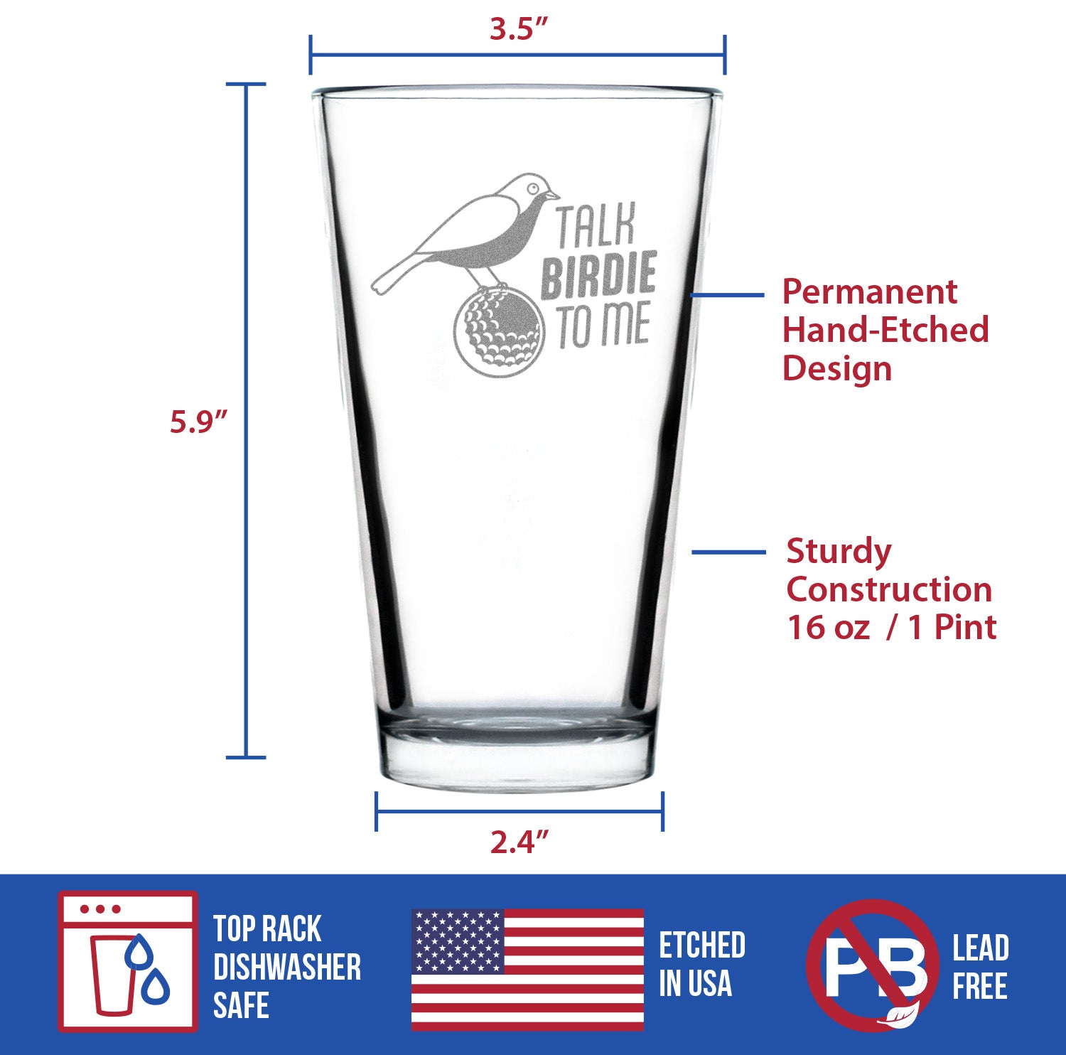 Funny Golf Gifts Engraved Pint Glass Gifts Talk Birdie to Me High Quality Pint Glasses for Beer - 16oz