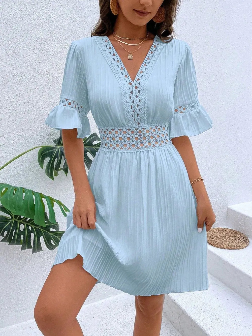 Cutout V-Neck Flounce Sleeve Mini Dress – Ruffled Lined Style