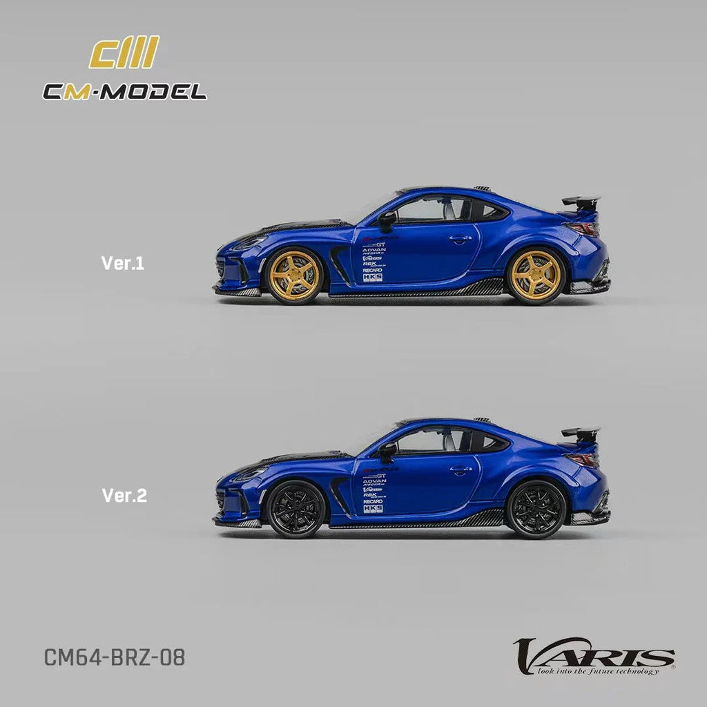 Subaru BRZ Varis Arising-1 RHD (Right Hand Drive) Blue Metallic with Carbon Hood and Top and Extra Wheels 1/64 Diecast Model Car by CM Models