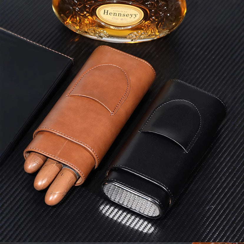 Two end hardware leather cigar box portable cedar wood 3-pack cigar moisturizing box protective cover cigar leather cover