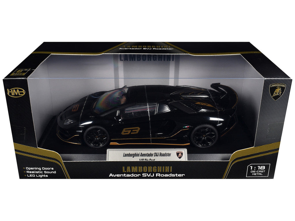 Lamborghini Aventador SVJ Roadster Black with Carbon Top and Gold Accents 1/18 Diecast Model Car by Heimanba