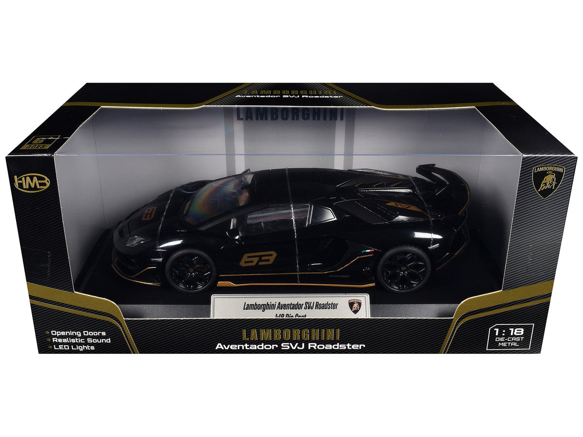 Lamborghini Aventador SVJ Roadster Black with Carbon Top and Gold Accents 1/18 Diecast Model Car by Heimanba