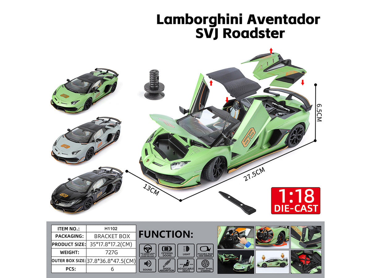 Lamborghini Aventador SVJ Roadster Green Metallic with Carbon Top and Gold Accents 1/18 Diecast Model Car by Heimanba